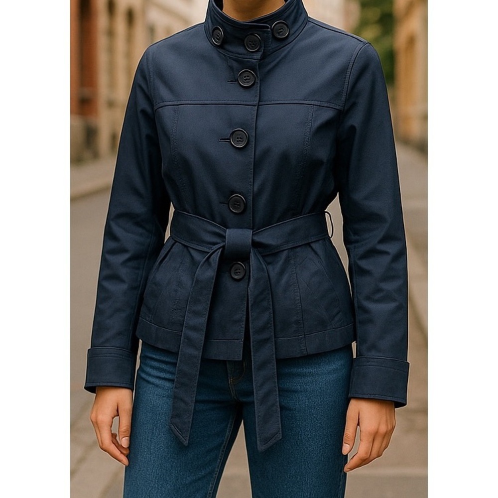 Ann Taylor Loft Large Blue Belted All Weather Raincoat Jacket